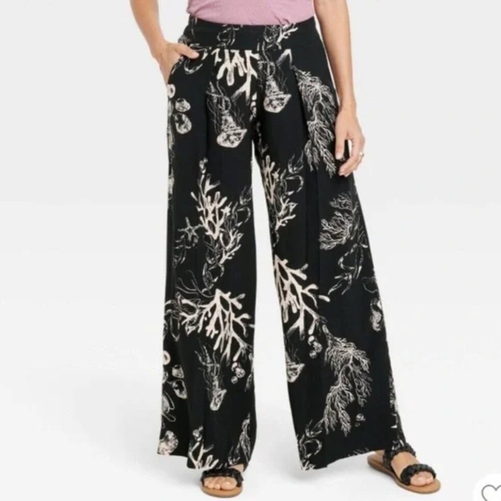 A New Day - Women's High Rise Wide Leg Black Pants - Sea Print